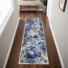 8' Ivory Blue and Gray Medallion Power Loom Distressed Runner Rug