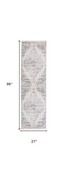 8' Gray and Ivory Medallion Power Loom Distressed Runner Rug With Fringe