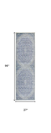 8' Blue and Gray Medallion Power Loom Distressed Runner Rug With Fringe