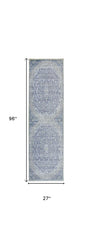 8' Blue and Gray Medallion Power Loom Distressed Runner Rug With Fringe