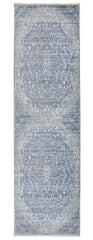 8' Blue and Gray Medallion Power Loom Distressed Runner Rug With Fringe