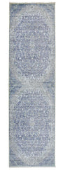 8' Blue and Gray Medallion Power Loom Distressed Runner Rug With Fringe