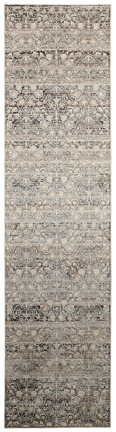 12' Gray and Ivory Oriental Power Loom Distressed Runner Rug With Fringe