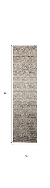 8' Gray and Ivory Oriental Power Loom Distressed Runner Rug With Fringe