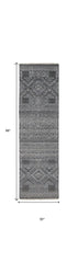 8' Gray Ivory and Blue Geometric Hand Knotted Runner Rug With Fringe