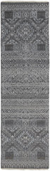 10' Gray Ivory and Blue Geometric Hand Knotted Runner Rug With Fringe
