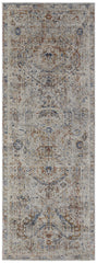 12' Ivory Blue and Orange Medallion Power Loom Distressed Runner Rug With Fringe