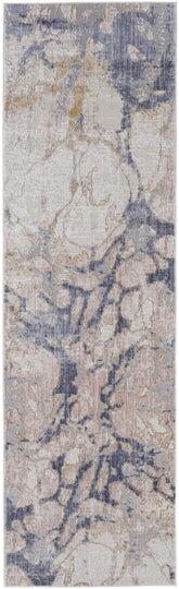 12' Beige and Blue Abstract Power Loom Distressed Runner Rug
