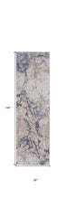 12' Beige and Blue Abstract Power Loom Distressed Runner Rug
