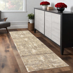 8' Brown and Ivory Abstract Distressed Runner Rug