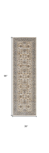 8' Brown and Ivory Oriental Power Loom Distressed Runner Rug