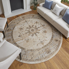 8' Brown and Ivory Round Oriental Power Loom Distressed Area Rug