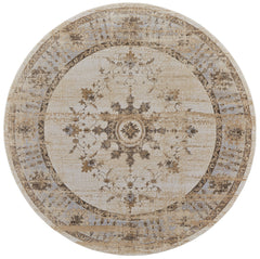 8' Brown and Ivory Round Oriental Power Loom Distressed Area Rug