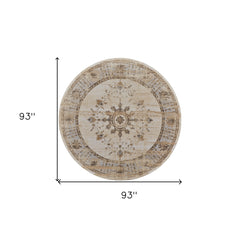 8' Brown and Ivory Round Oriental Power Loom Distressed Area Rug