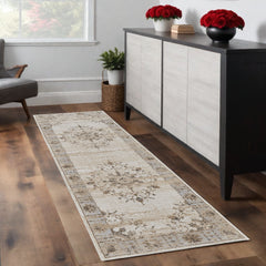 8' Brown and Ivory Oriental Power Loom Distressed Runner Rug