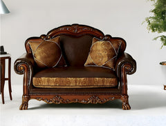 67" Brown Chenille Faux Leather And Cherry Oak Love Seat