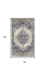 3' X 5' Blue And Grey Oriental Power Loom Non Skid Area Rug