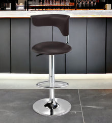 Dark Brown And Silver Faux Leather And Metal Low Back Adjustable Height Bar Chair