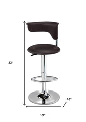 Dark Brown And Silver Faux Leather And Metal Low Back Adjustable Height Bar Chair