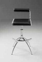 Set of Two Black And Silver Faux Leather And Metal Low Back Adjustable Height Bar Chairs
