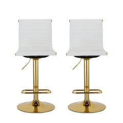 Set of Two White And Gold Faux Leather And Metal Low Back Adjustable Height Bar Chairs