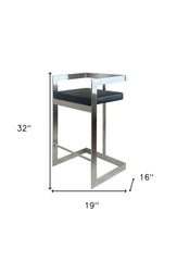26" Black And Silver Faux Leather And Metal Low Back Counter Height Bar Chair