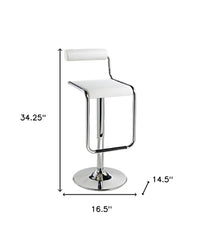 White And Silver Faux Leather And Metal Low Back Adjustable Height Bar Chair