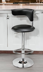 Black And Silver Faux Leather And Metal Low Back Adjustable Height Bar Chair