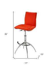 Set of Two Red And Silver Faux Leather And Metal Low Back Adjustable Height Bar Chairs