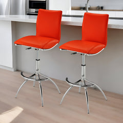 Set of Two Red And Silver Faux Leather And Metal Low Back Adjustable Height Bar Chairs