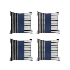 Set Of Four 22" X 22" Navy Blue Faux Leather Striped Zippered Pillow Cover