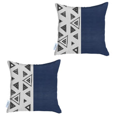 Set Of Two 17" X 17" Navy Blue Faux Leather Geometric Zippered Pillow Cover