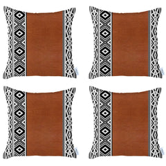 Set Of Four 18" X 18" Brown Faux Leather Geometric Zippered Pillow