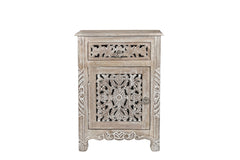 30" Distressed Gray One Drawer Carved Floral Solid Wood Nightstand