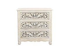 30" Distressed White Three Drawer Floral Carved Solid Wood Nightstand