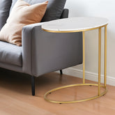 22" Brass And White Faux Marble And Steel Oval End Table