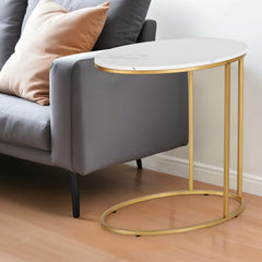 22" Brass And White Faux Marble And Steel Oval End Table