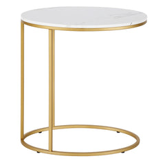 22" Brass And White Faux Marble And Steel Oval End Table