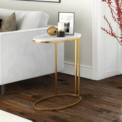 22" Brass And White Faux Marble And Steel Oval End Table