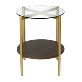 22" Gold And Clear Glass And Steel Round End Table With Shelf