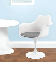 White Heavy Duty Plastic Swivel Dining Arm Chair With Gray Faux Leather Cushion