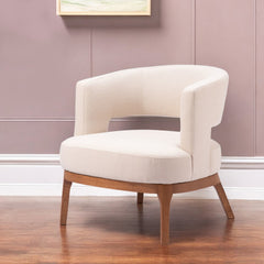 27" Beige And Brown Fabric And Wood Arm Chair