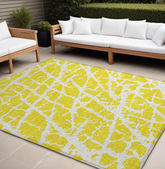 10' X 14' Yellow and White Abstract Washable Non Skid Indoor Outdoor Area Rug