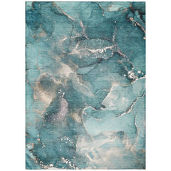 10' X 14' Teal Abstract Washable Non Skid Indoor Outdoor Area Rug