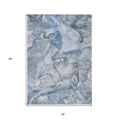 3' X 5' Blue and Gray Abstract Washable Non Skid Indoor Outdoor Area Rug