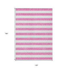 10' X 14' Pink and White Striped Washable Non Skid Indoor Outdoor Area Rug