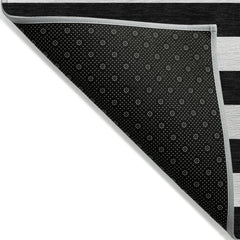 8' Round Black and White Round Striped Washable Non Skid Indoor Outdoor Area Rug