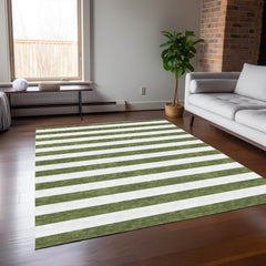 9' X 12' Olive Green Striped Washable Non Skid Indoor Outdoor Area Rug