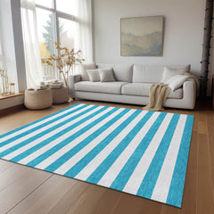 10' X 14' Teal Striped Washable Non Skid Indoor Outdoor Area Rug
