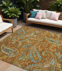 10' X 14' Orange Paisley Washable Non Skid Indoor Outdoor Area Rug